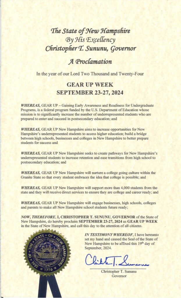 New Hampshire Governor Chris Sununu's official proclamation of September 23-27, 2024, as GEAR UP Week in the State of New Hampshire.